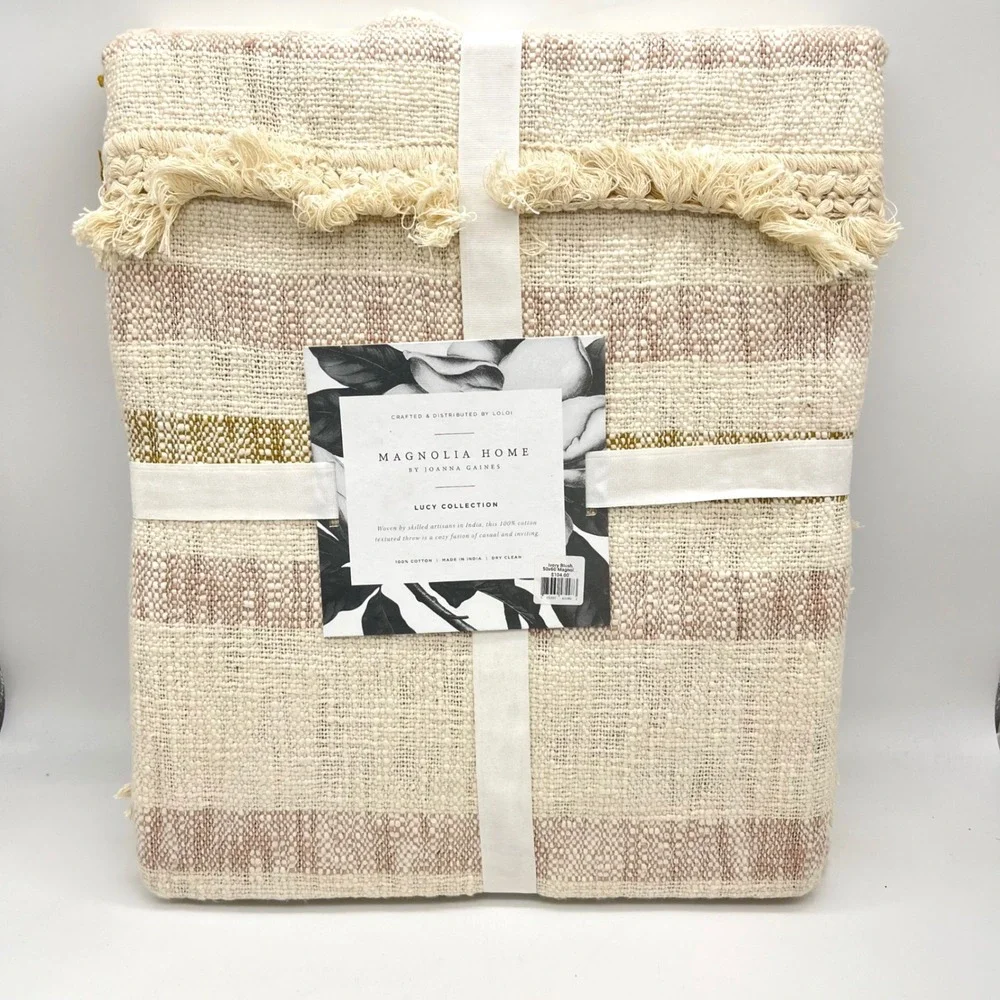 Magnolia Home Joanna Gaines Lucy Throw Blanket Ivory Blush Cotton 50x60 New